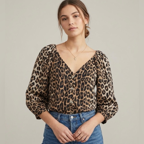 H&M Tops - H&M Leopard Print V-Neck Button Down Elbow Length Puff Sleeve Blouse Boho Size M